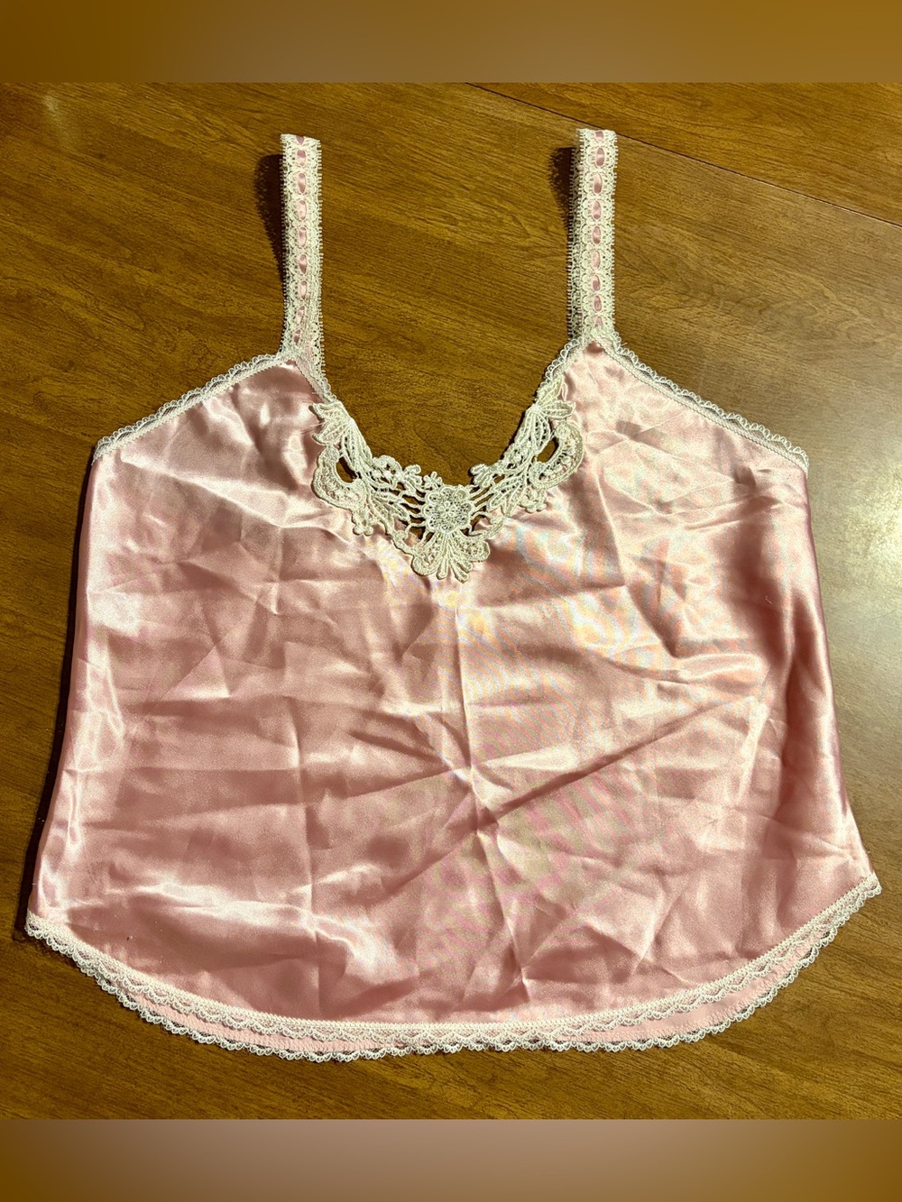 Camisole S Pink Satin Cream Lace Trim VTG Top V Neck Lightweight Style 8503